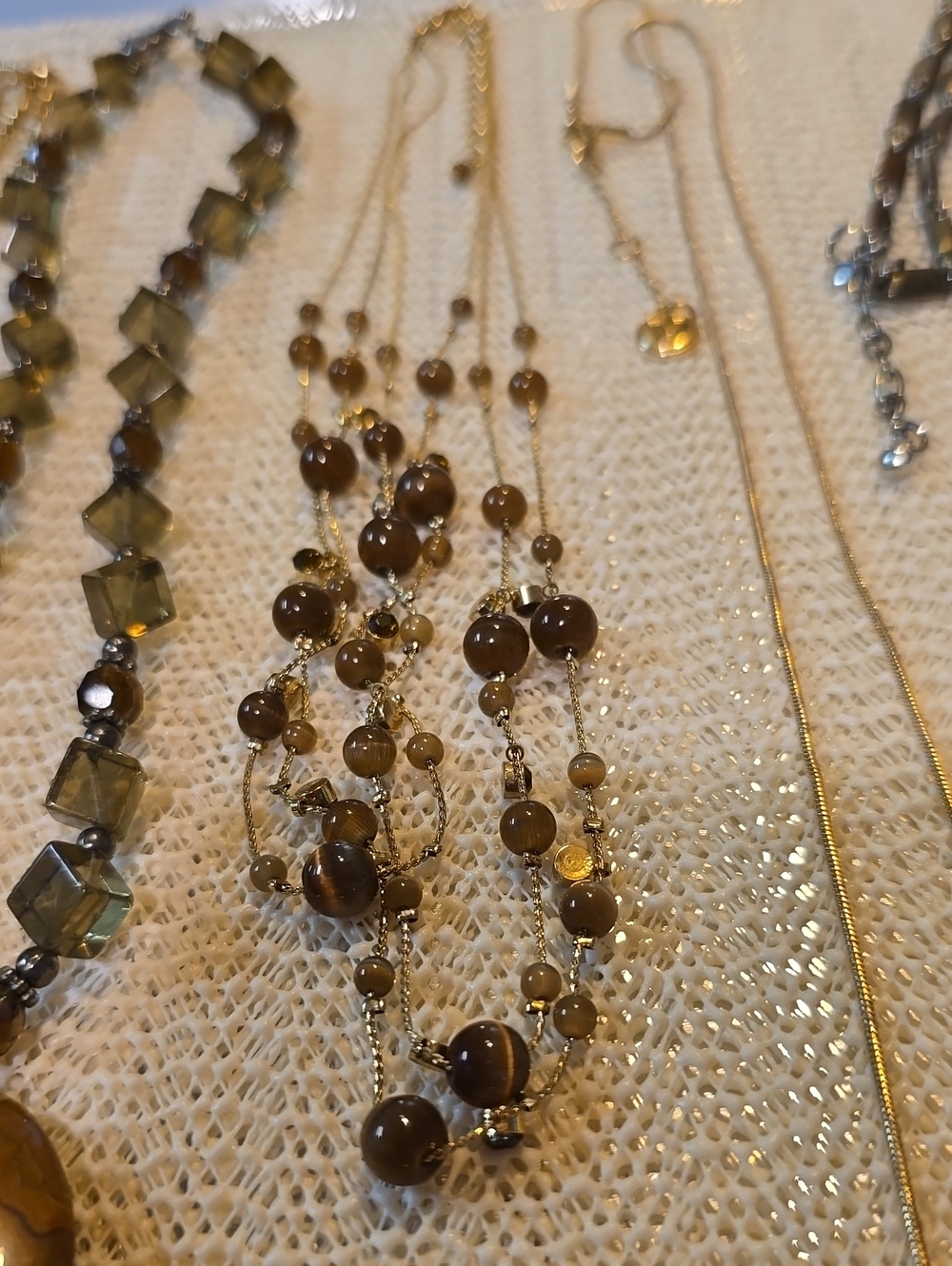Three-Strand Brown Tigers Eye & Rhinestone Bead Necklace - Women's Jewelry